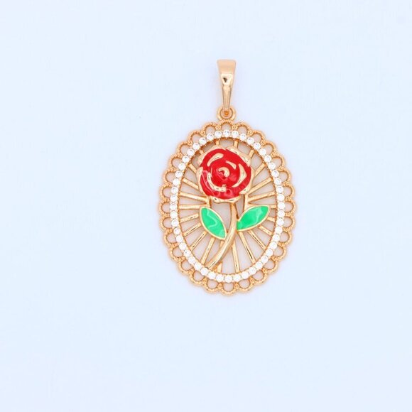 "Rose Gold Oval Pendant with Red Rose and Green Leaf Enamel Design, XPPT1379 - Picture 11 of 13